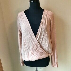 FREE PEOPLE Faux Wrap Top Pink Gauzy Surplice Long Sleeve High Low Boho Fairy